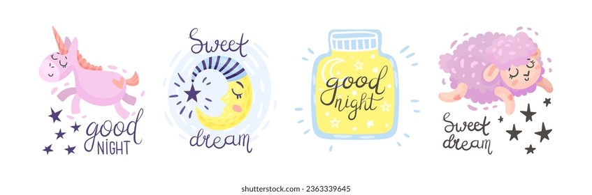Cute Pictures with Good Night Inscription for Nursery Vector Set