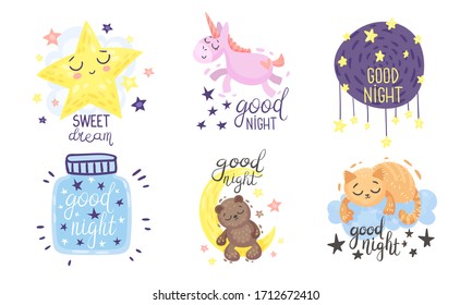 Cute Pictures with Good Night and Sweet Dreams Inscriptions Vector Set