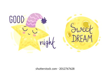 Cute Pictures with Good Night and Sweet Dreams Inscription for Nursery Vector Set