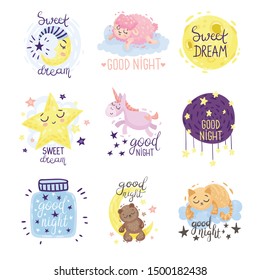 Cute pictures with the inscription Good night. Vector illustration on a white background.