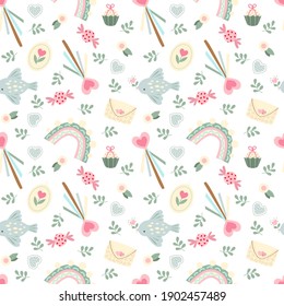 Cute pictures of rainbows, hearts, birds, magic wand, candies and branches. Children's print in soft pastel colors. Seamless vector background. For fabrics, coverings, textiles, notebook covers,paper