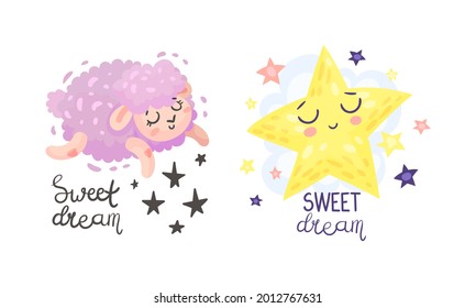 Cute Pictures with Sweet Dreams Inscription for Nursery Vector Set