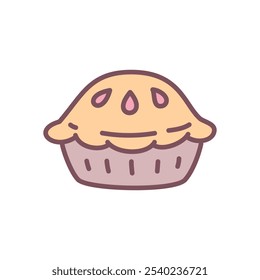 Cute pie icon. Hand drawn illustration of a pumpkin pie isolated on a white background. Kawaii Thanksgiving day sticker. Vector 10 EPS.