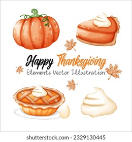 Cute Pie Pumpkins and whipped Cream , seed Pumpkin Thanksgiving Fall Autumn Elements Watercolor Vector File ,Clipart cartoon style For banner, poster, card, t shirt, sticke