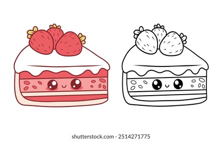 Cute piece of birthday cake set. Isolated colored and outline stroke baked with strawberries. Sweet kawaii cartoon character food. Line drawing, coloring book. Vector illustration. Kids collection