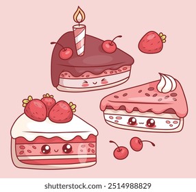 Cute piece of birthday cake. Sweet kawaii cartoon character food. Isolated dessert baked with icing and strawberries and with cherries and festive candle. Vector illustration