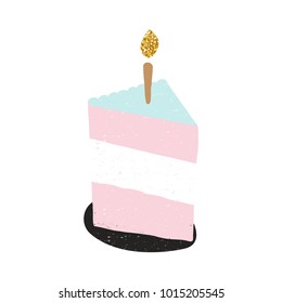 Cute piece of cake with a candle. Holiday card. Vector hand drawn illustration.