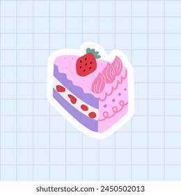 Cute piece of cake with strawberry on checkered background. Vector flat illustration in kawaii style