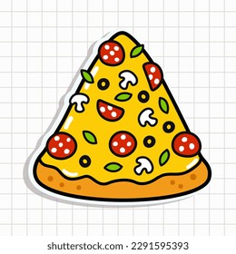 Cute piece of pizza sticker. Vector hand drawn cartoon kawaii character illustration icon. Isolated on background. Piece of pizza character concept