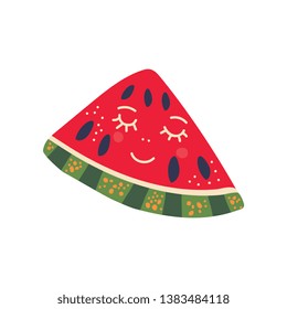 Cute Piece of Ripe Watermelon with Smiling Face, Sweet Adorable Funny Fruit Cartoon Character Vector Illustration