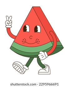 A cute piece of watermelon in groove style is waving its hand going somewhere.