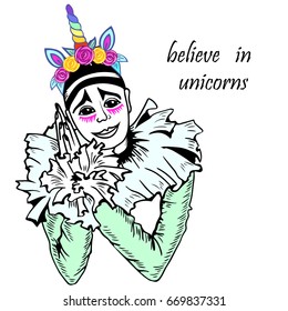 Cute Pierrot with unicorn tiara. Vector. Isolated on white background. Design element. Can be used for Invitations, birthday, unicorn party, lgbt community, world kissing day, Valentine's day.