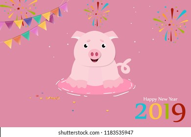 Cute pig for 2019 Chinese New Year. Design for greeting card. Vector illustration