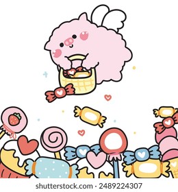Cute pig angels flying hold candy basket background.Sweet and dessert.Farm animal character cartoon design.Image for card,poster,sticker.Baby product.Kawaii.Vector.