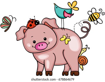 Cute pig with animal friends