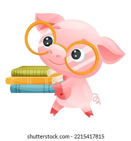 Cute Pig Animal in Glasses Carrying Pile of Books in Hard Cover for Reading Vector Illustration