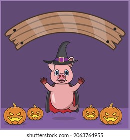 Cute Pig Animal wearing Vampire Halloween Custome, With Blank Space Banner, Pumpkins and Flying Position. Vector And Illustration.