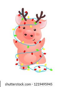 Cute pig with antlers wrapped into Christmas lights. Dancing, party, fun. Symbol of year concept. Can be used for topics like Christmas, New Year, festival