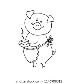Cute pig with apron holding in its hands cup of tea or coffee. Hand drawn vector illustration.
