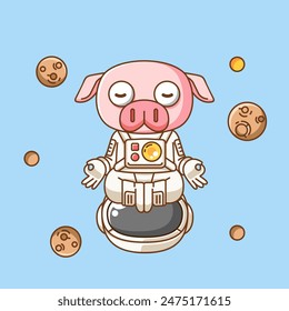 Cute pig astronaut animal kawaii chibi character mascot illustration outline style design set