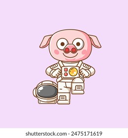 Cute pig astronaut animal kawaii chibi character mascot illustration outline style design set