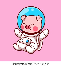 Cute Pig Astronaut Floating Cartoon Vector Icon Illustration. Animal Technology Icon Concept Isolated Premium Vector. Flat Cartoon Style