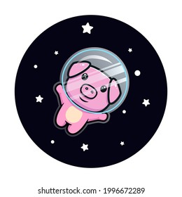 Cute pig astronaut floating on space mascot character. Animal icon illustration