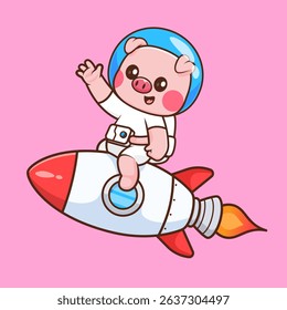 Cute Pig Astronaut Riding Rocket Cartoon Vector Icon Illustration. Animal Science Icon Concept Isolated Premium Vector. Flat Cartoon Style