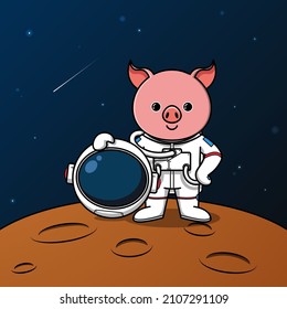 Cute pig astronaut standing on the moon illustration