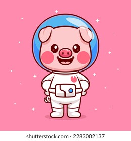 Cute Pig Astronaut Standing In Space Cartoon Vector Icon Illustration. Animal Science Icon Concept Isolated Premium Vector. Flat Cartoon Style