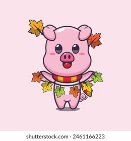 Cute pig with autumn leaf decoration. Mascot cartoon vector illustration suitable for poster, brochure, web, mascot, sticker, logo and icon.