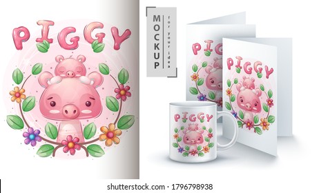 Cute pig with baby - poster and merchandising. Vector eps 10