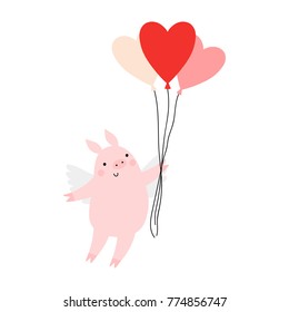 Cute pig with balloon.Valentines day greeting card.