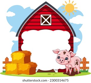 Cute Pig with Barn Template illustration