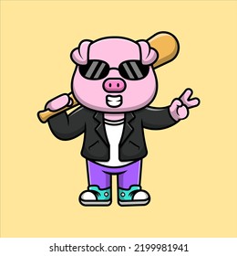 Cute Pig With Baseball Bat With Jacket And Peace Hand Cartoon Vector Icon Illustration. Flat Cartoon Concept
