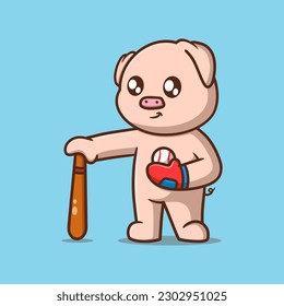 Cute Pig Baseball Cartoon Vector Icon Illustration. Animal Nature Icon Concept Isolated Premium Vector. Flat Cartoon Style