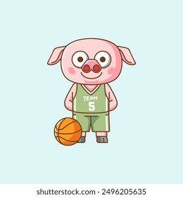 Cute pig basketball player play basket kawaii chibi character mascot illustration outline style design set