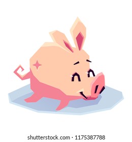 Cute pig bathing in a puddle. Vector flat illustration