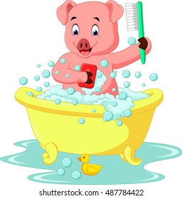 cute pig bathing time