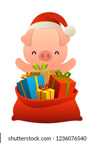 Cute pig behind toy bag with gifts isolated on white background