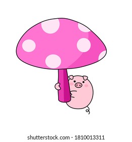 Cute pig with big mushroom