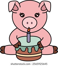 Cute pig with birthday cake


