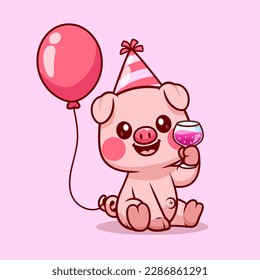 Cute Pig Birthday Party With Balloon And Juice Cartoon Vector Icon Illustration. Animal Holiday Icon Concept Isolated Premium Vector. Flat Cartoon Style