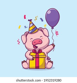 Cute pig birthday party cartoon illustration The Concept of Isolated Technology. Flat Cartoon Style Suitable for Landing Web Pages, Banners, Flyers, Stickers, Cards