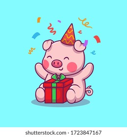 Cute Pig Birthday Party Vector Icon Illustration. Animal Icon Concept Isolated Premium Vector. Flat Cartoon Style 