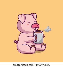 Cute pig blowing hot coffee cartoon illustration The Concept of Isolated Technology. Flat Cartoon Style Suitable for Landing Web Pages, Banners, Flyers, Stickers, Cards
