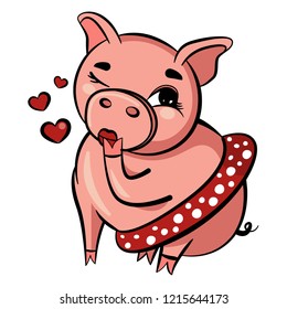 Cute pig blows kiss. Pink pig winks with eye. Fat adult pig sits in short skirt. Isolated Vector Illustration