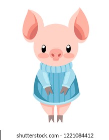 Cute pig in blue sweater. Cartoon character design. Flat little piggy. Vector illustration isolated on white background.