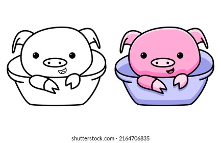Cute pig in bowl coloring page for kids