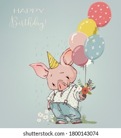 cute pig boy with balloons and flowers